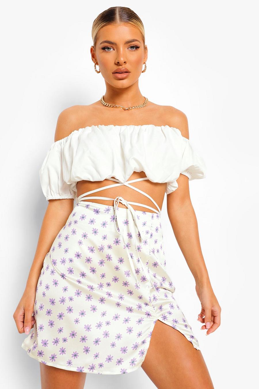 Ivory white Woven Off The Shoulder Tie Waist Crop Top