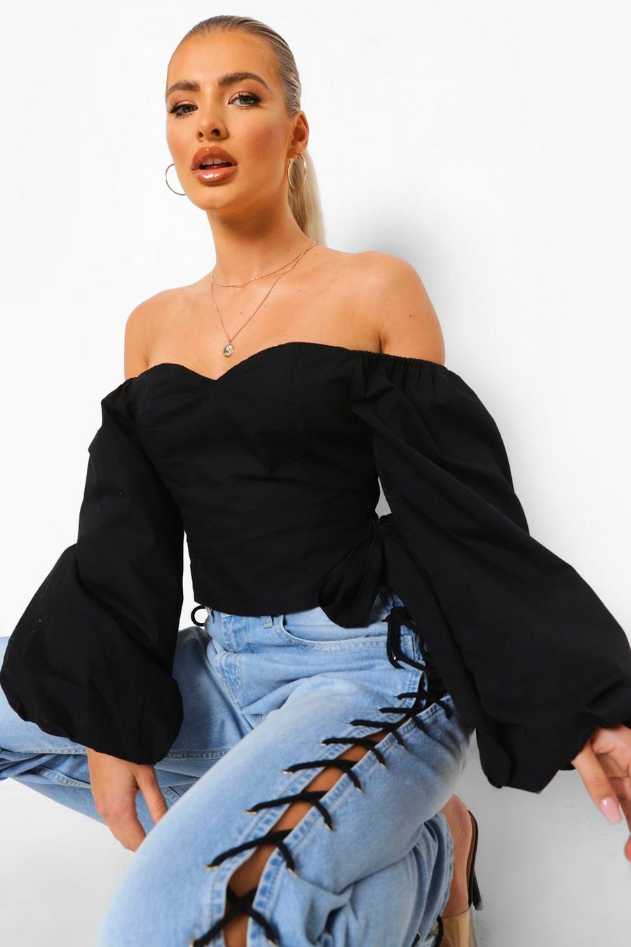 Woven Off The Shoulder Balloon Sleeve Top