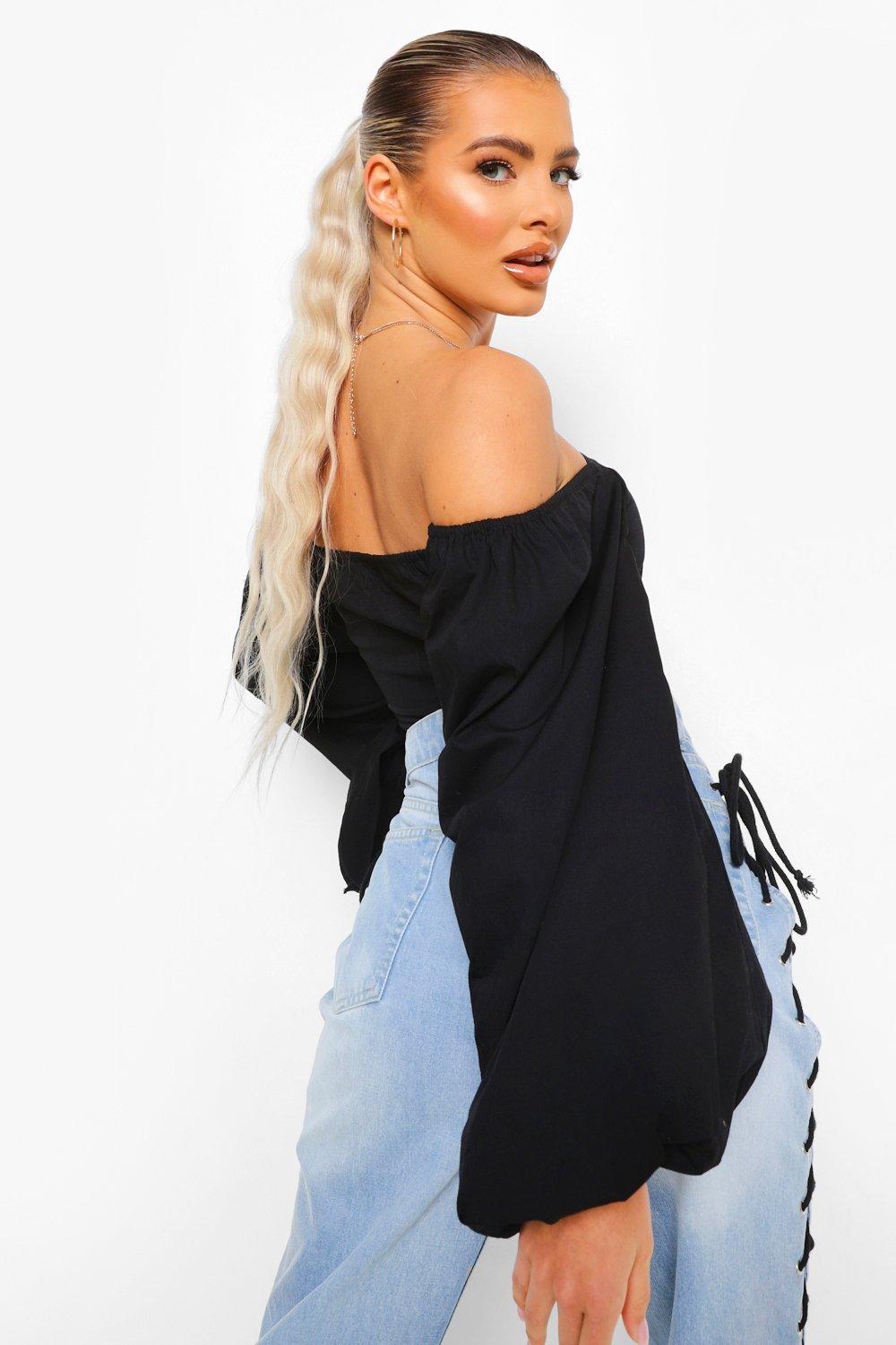 Woven Off The Shoulder Balloon Sleeve Top