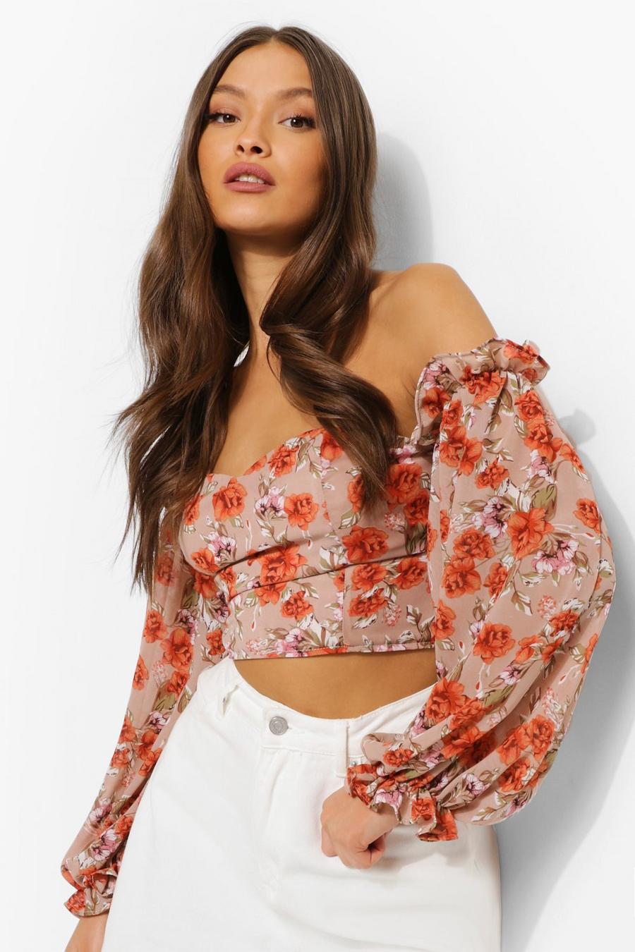 Stone Woven Floral Off The Shoulder Top image number 1