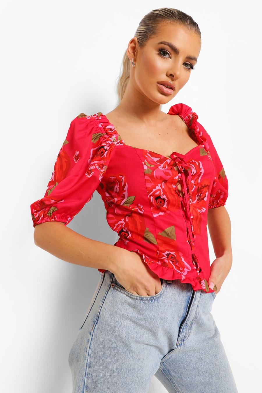 Red Woven Floral Lace Up Puff Sleeve Top image number 1