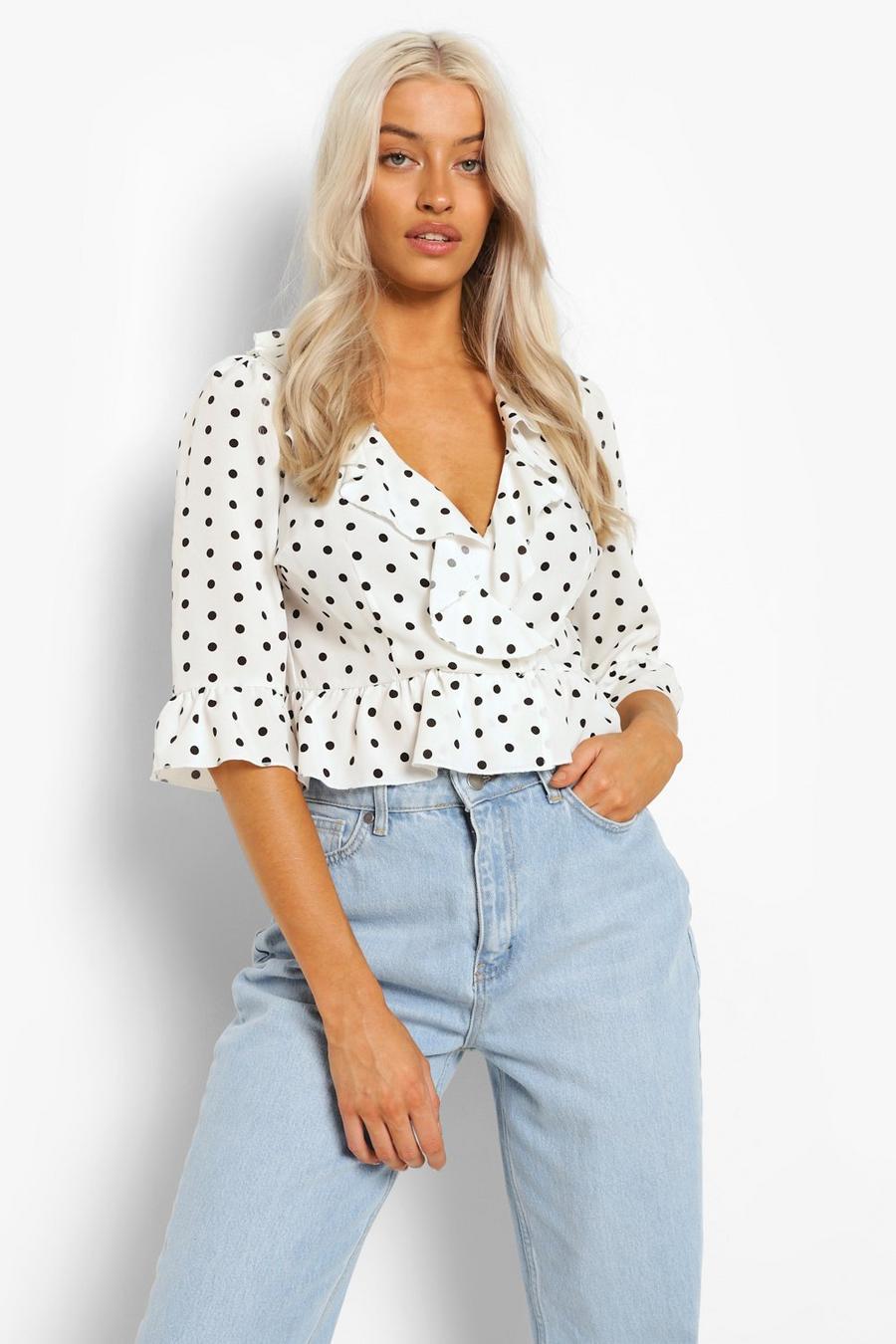 Ivory Woven Polka Dot Wrap Blouse image number 1