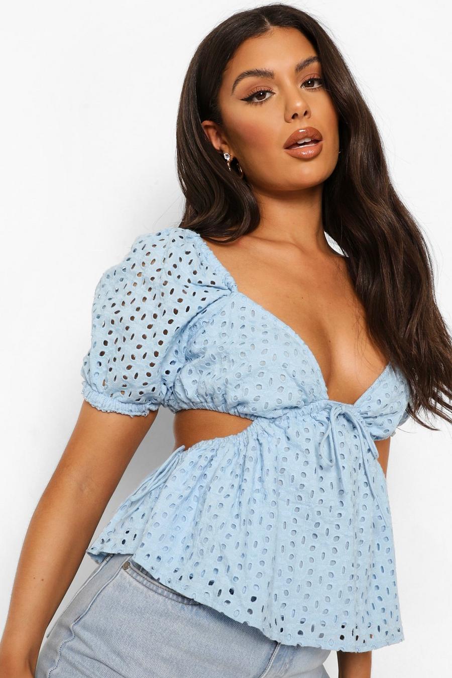 Sky blue Broderie Cut Out Detail Top