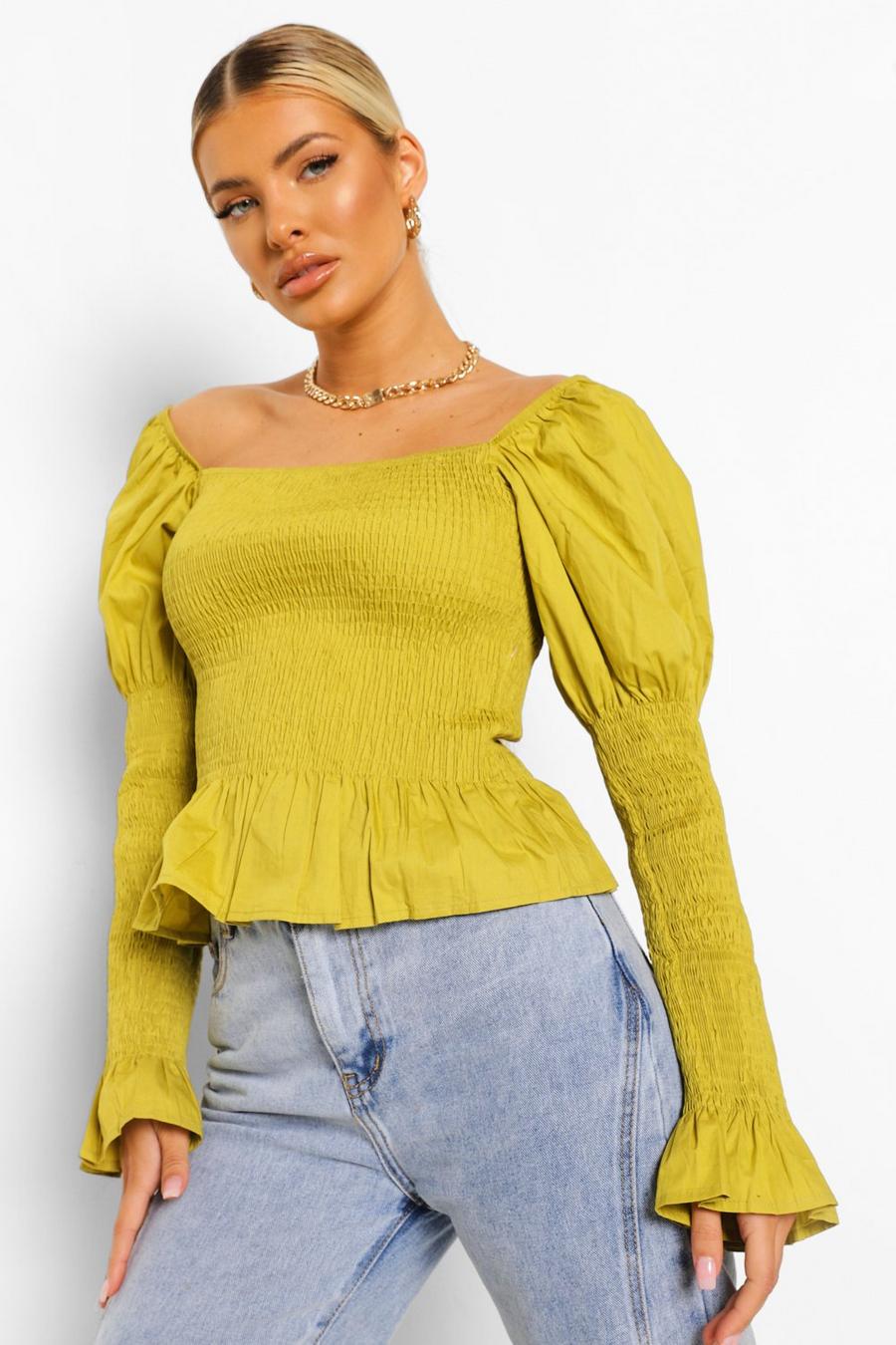 Chartreuse yellow Woven Shirred Square Neck Top