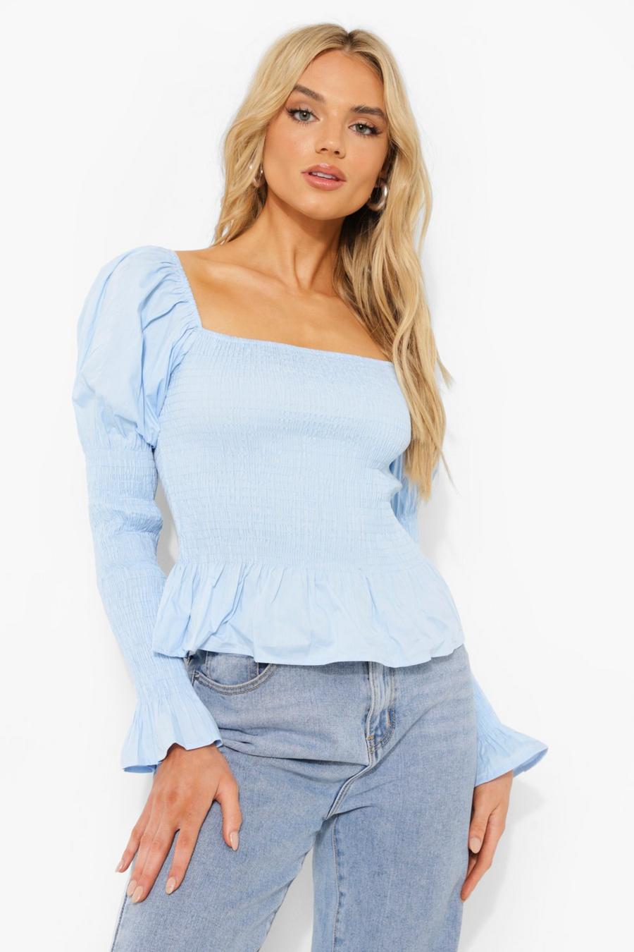 Pale blue Woven Shirred Square Neck Top image number 1