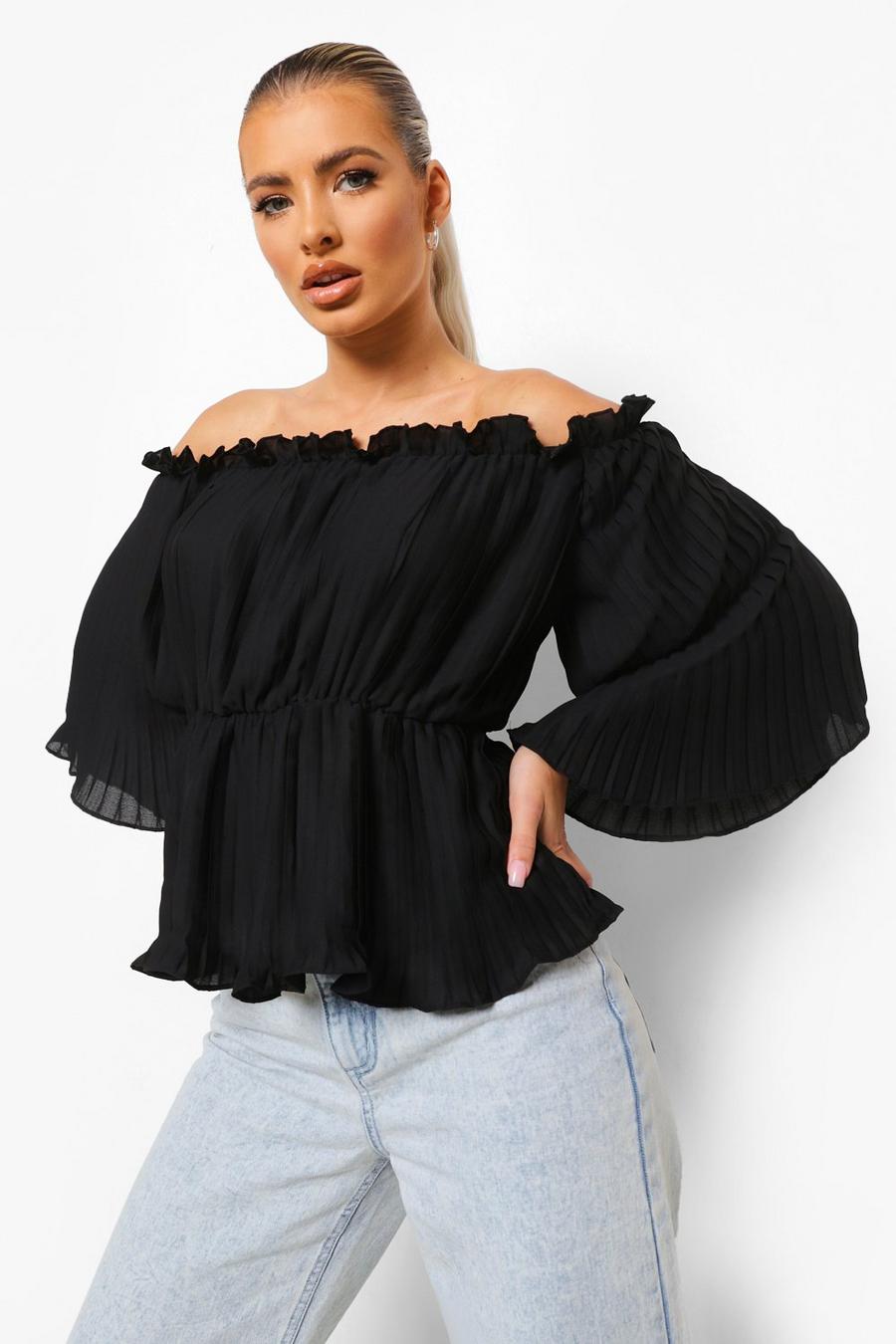 Black Woven Pleated Off The Shoulder Peplum Top image number 1