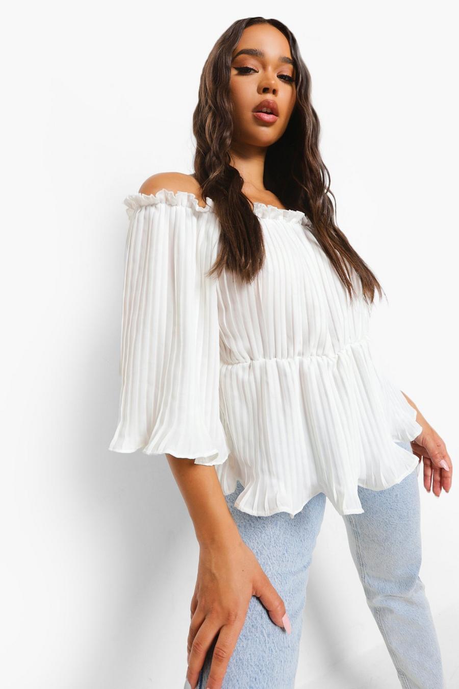 Ivory Woven Pleated Off The Shoulder Peplum Top image number 1