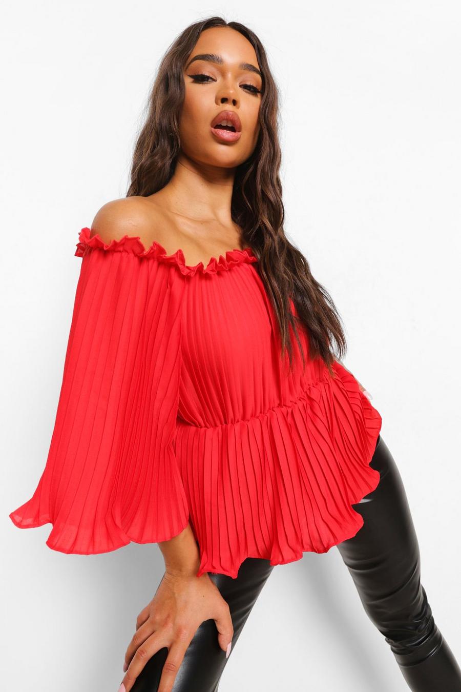 Red Woven Pleated Off The Shoulder Peplum Top image number 1