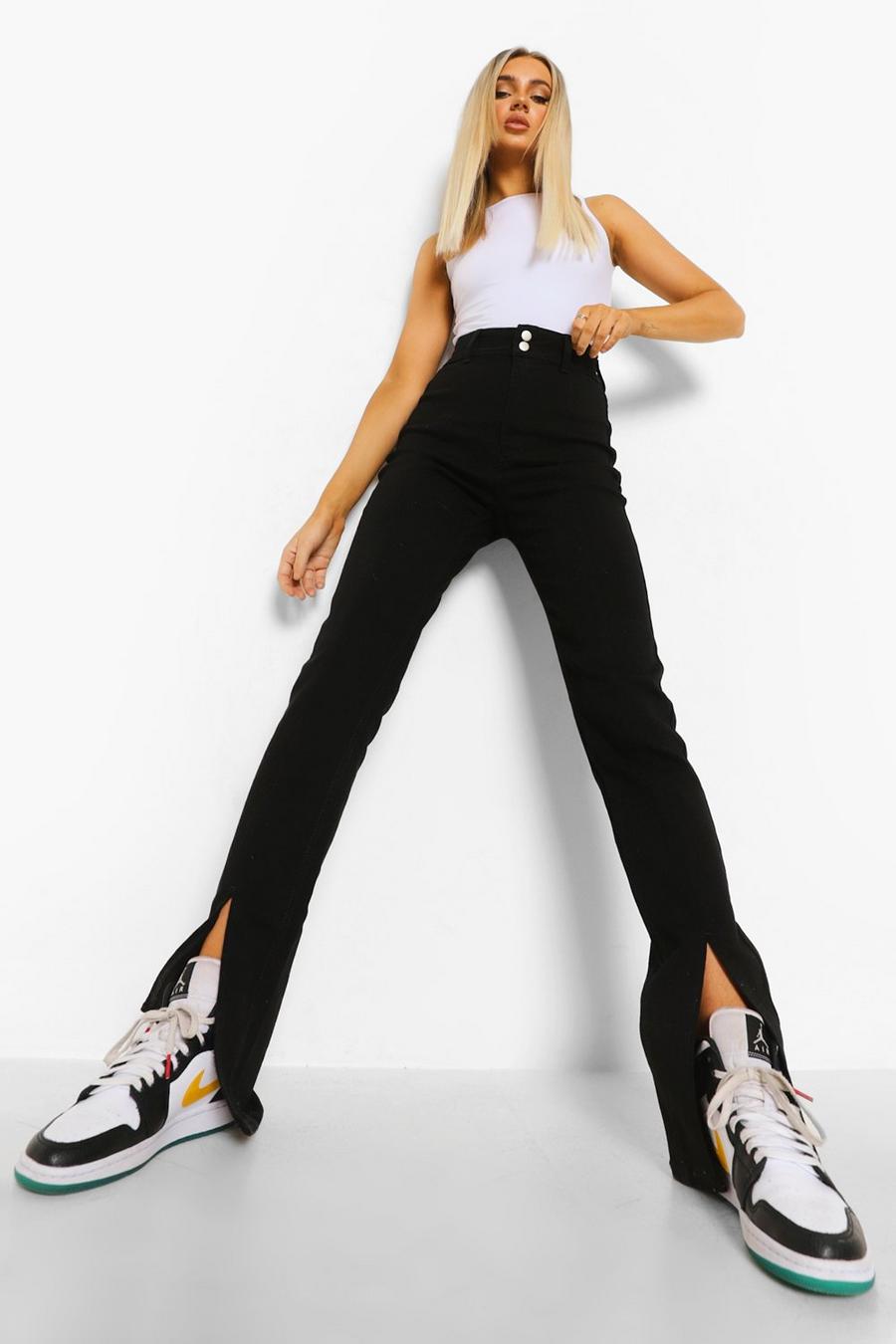 Black Front Split Slim Straight Leg Jeans image number 1