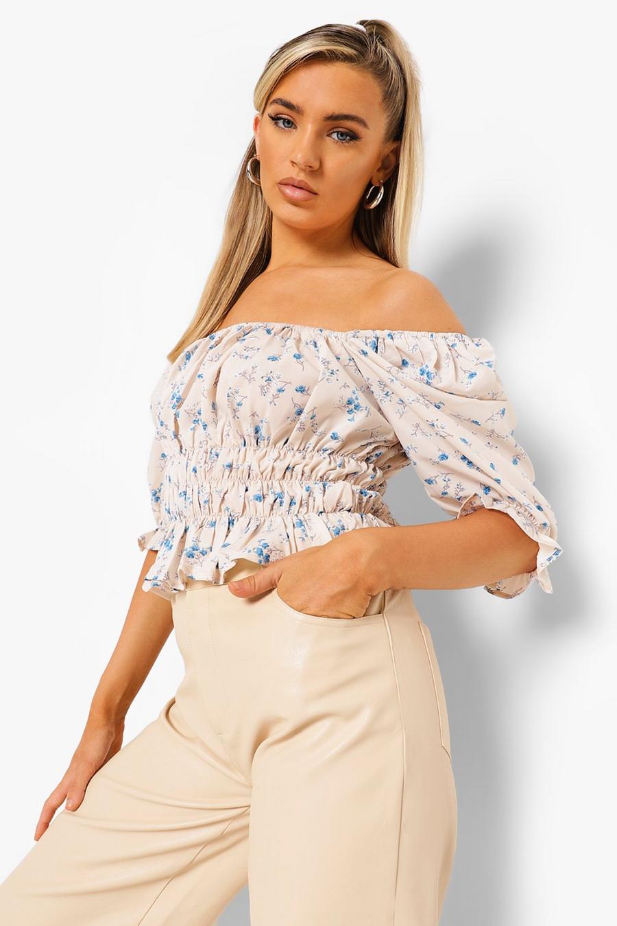 Blue Woven Floral Ruched Top image number 1