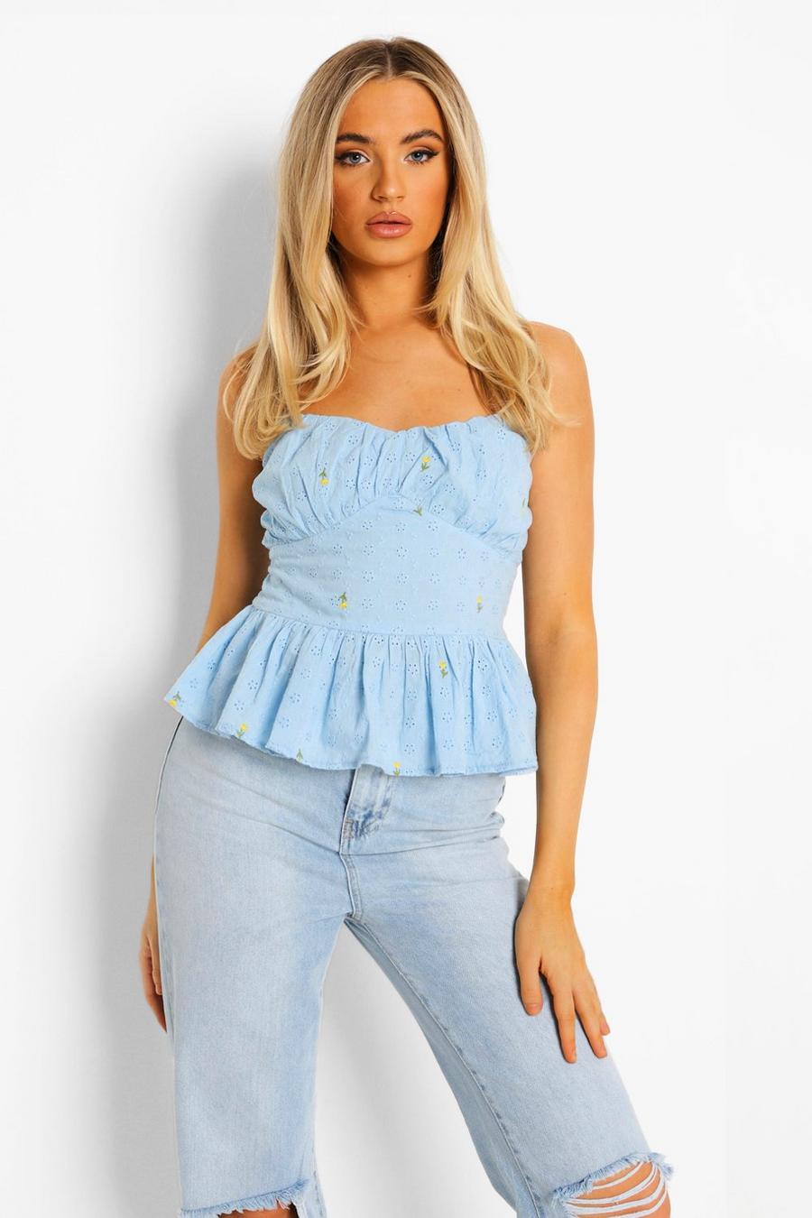 Sky blue Floral Broderie Cami Top