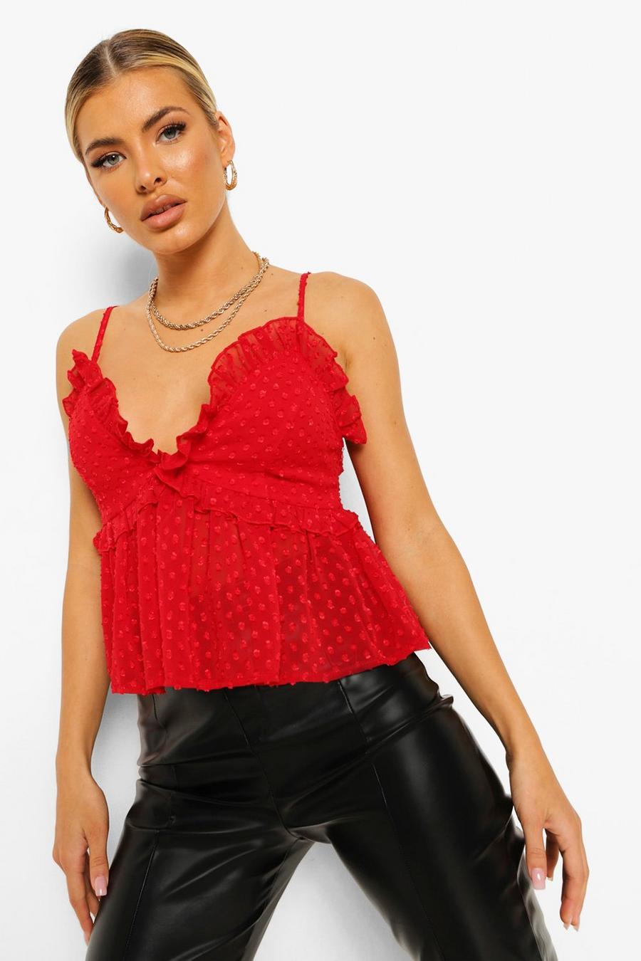 Red Black Dobby Ruffle Detail Cami Top image number 1