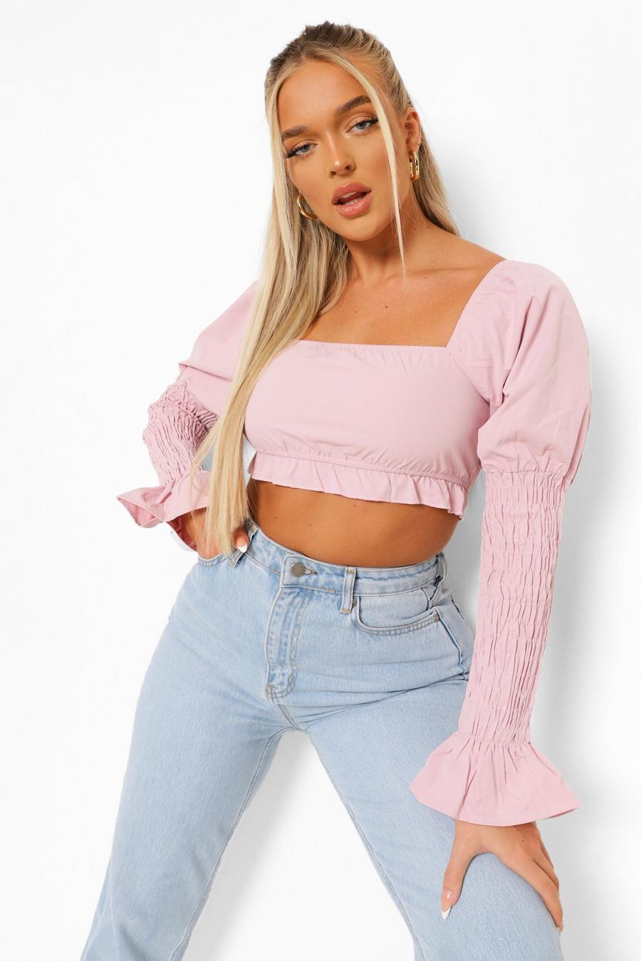 Lilac Shirred Sleeve Square Neck Crop Top image number 1