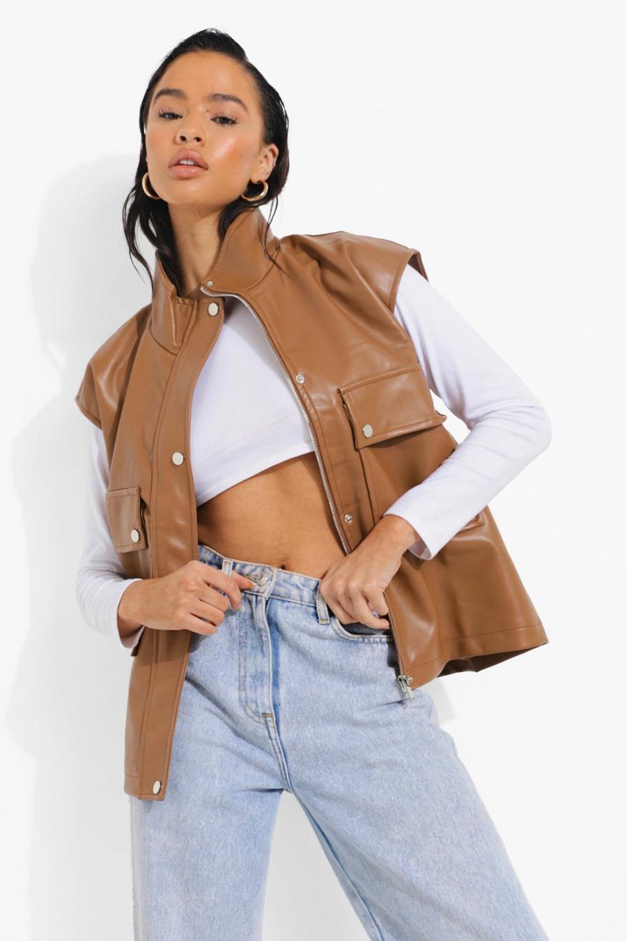 Tan Faux Leather Oversized Gilet image number 1