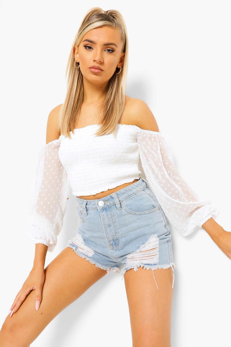 Ivory Woven Dobby Off The Shoulder Crop Top image number 1