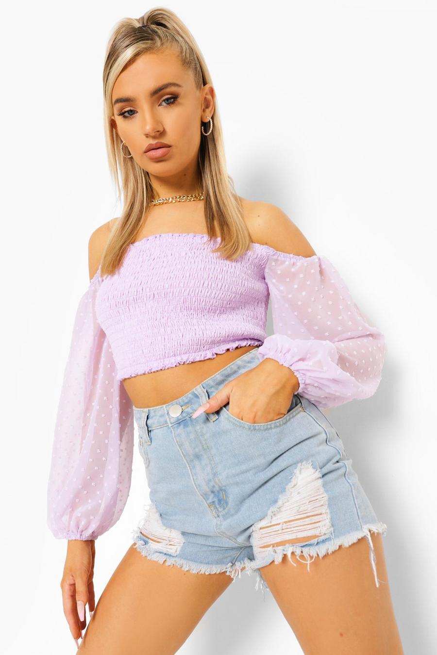 Lilac Woven Dobby Off The Shoulder Crop Top image number 1