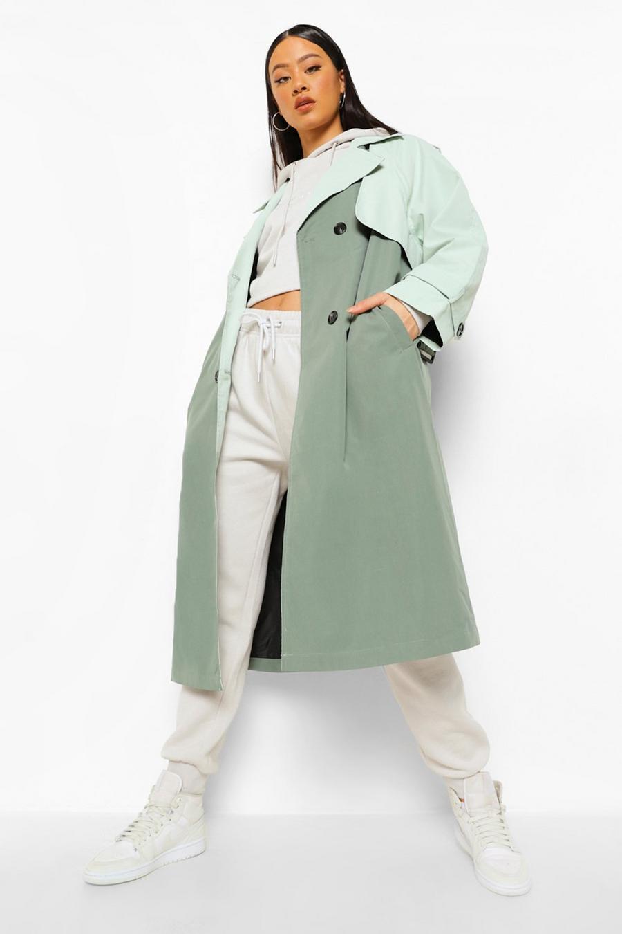 Sage green Contrast Colour Belted Trench Coat image number 1