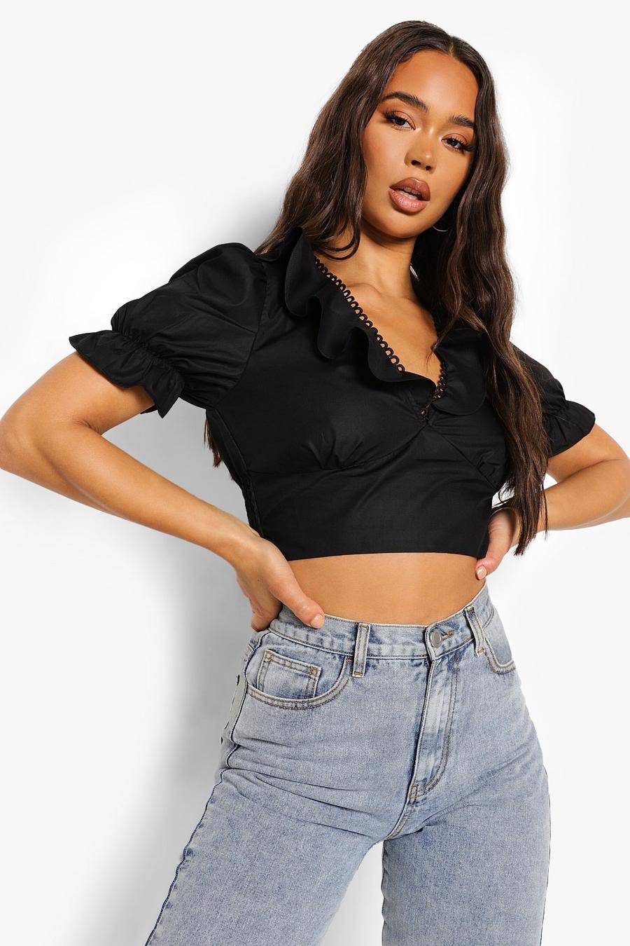 Black Woven Ruffle Detail Crop Top image number 1