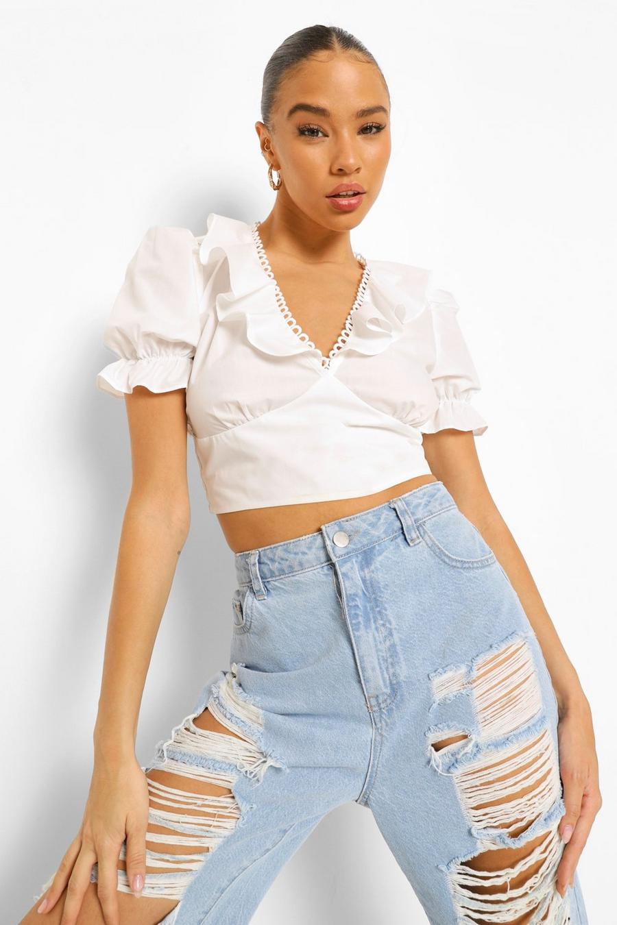 Ivory Woven Ruffle Detail Crop Top image number 1