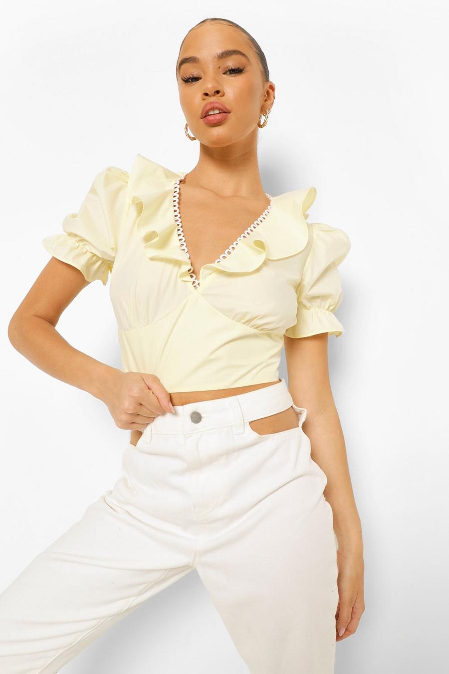 Yellow Woven Ruffle Detail Crop Top image number 1