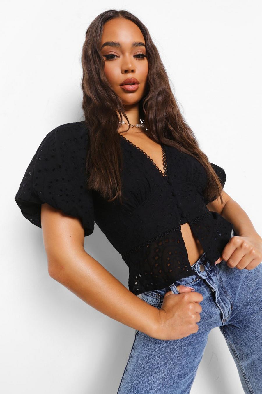 Black Eyelet Button Puff Sleeve Top