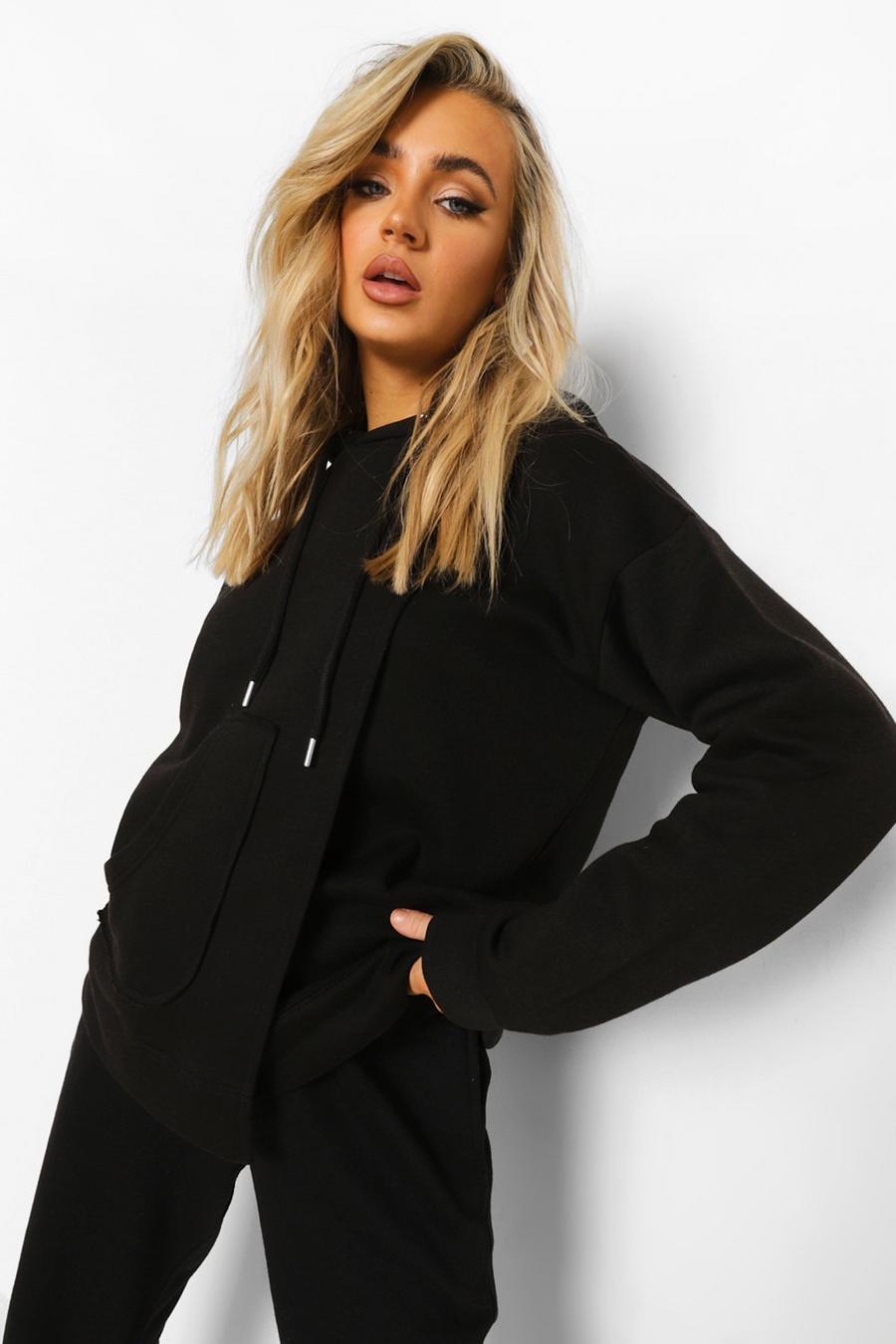 Black Oversize hoodie med dekorativ ficka image number 1