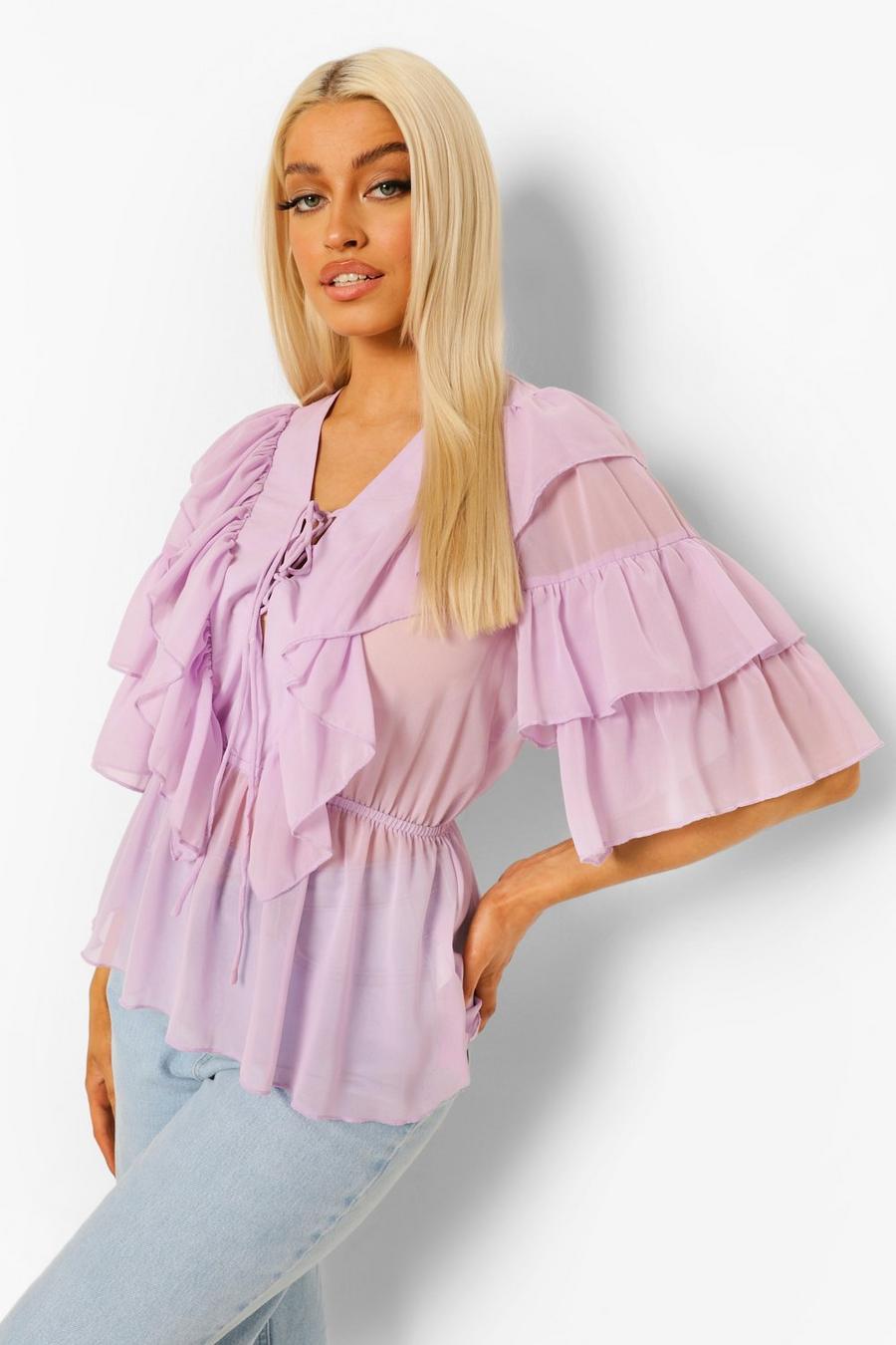 Lilac Woven Ruffle Lace Up Blouse image number 1
