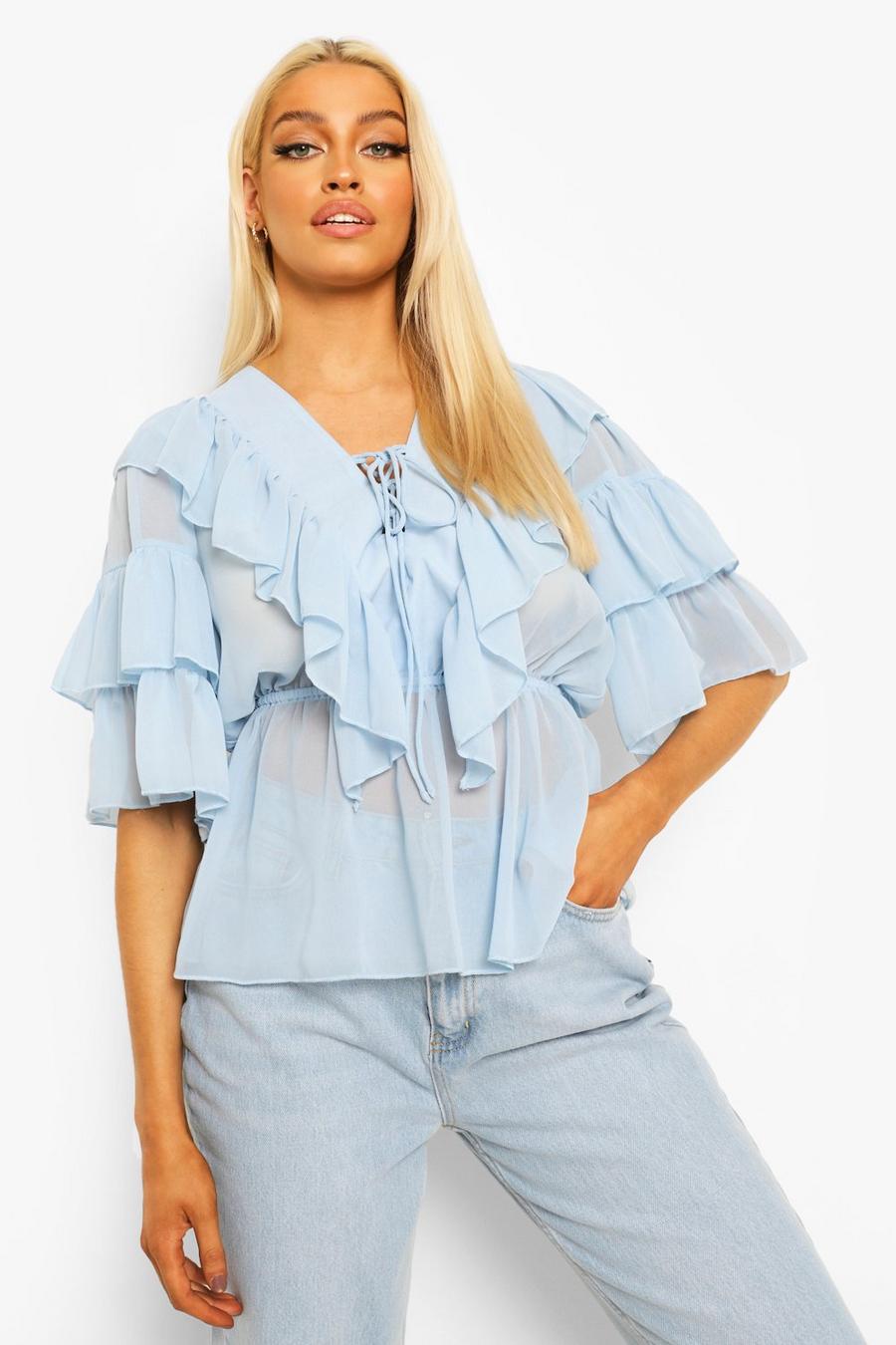 Sky Woven Ruffle Lace Up Blouse image number 1