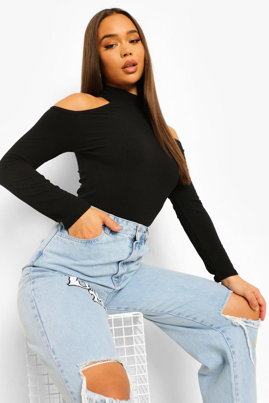 Black Soft Rib High Neck Cold Shoulder Bodysuit image number 1