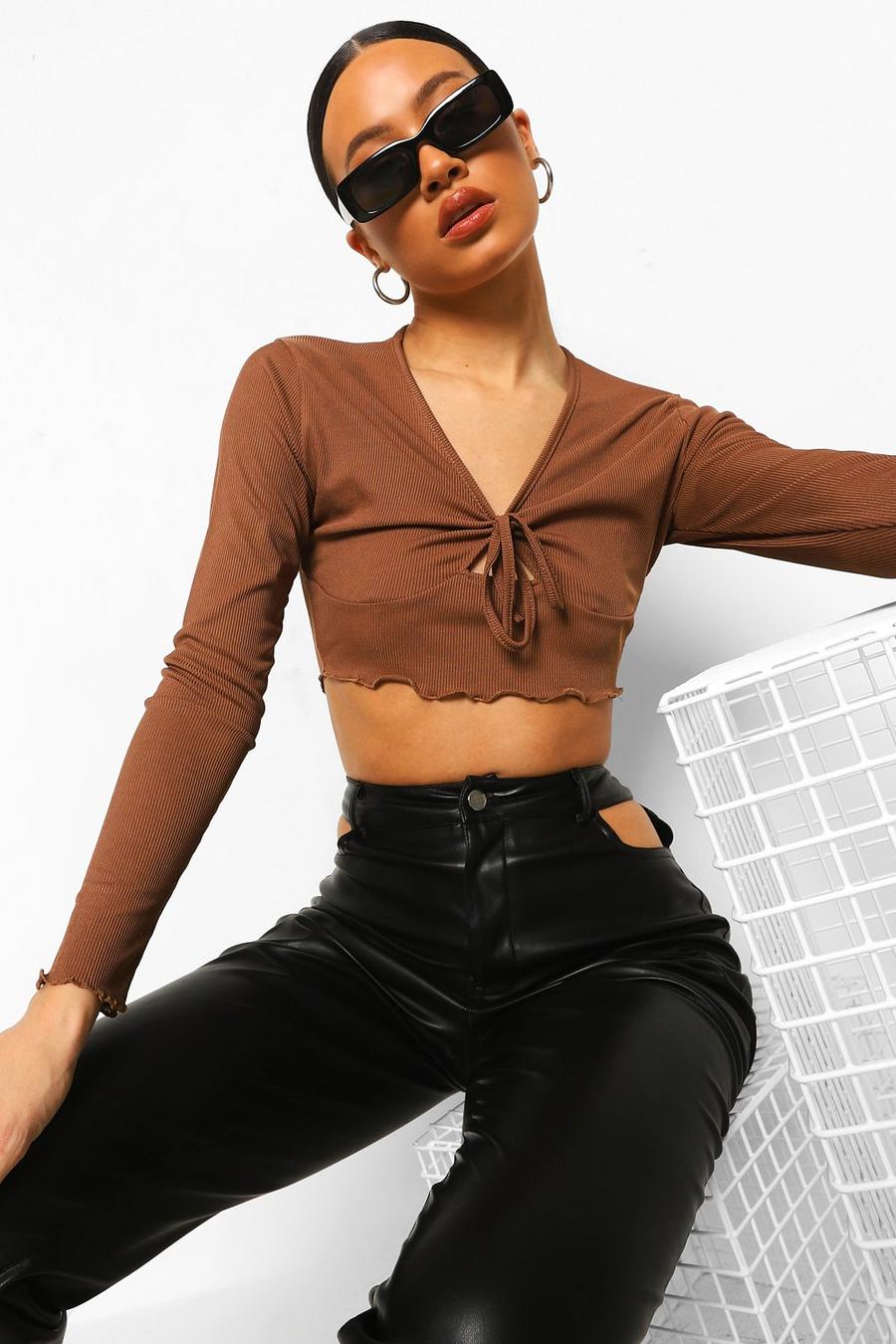 Mocha Tie Front Ribbed Top image number 1