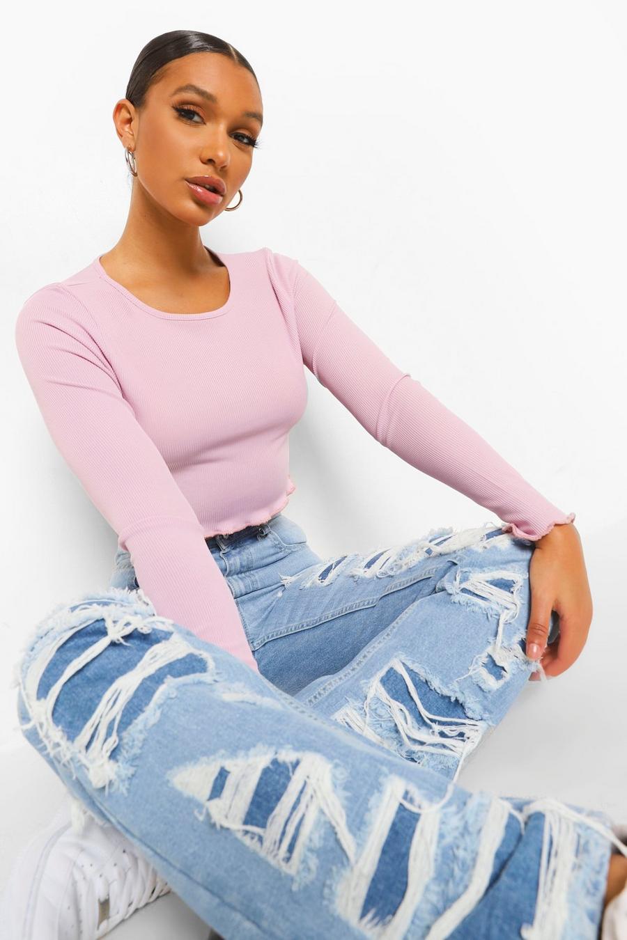 Lilac V Neck Long Sleeve Ribbed Top image number 1