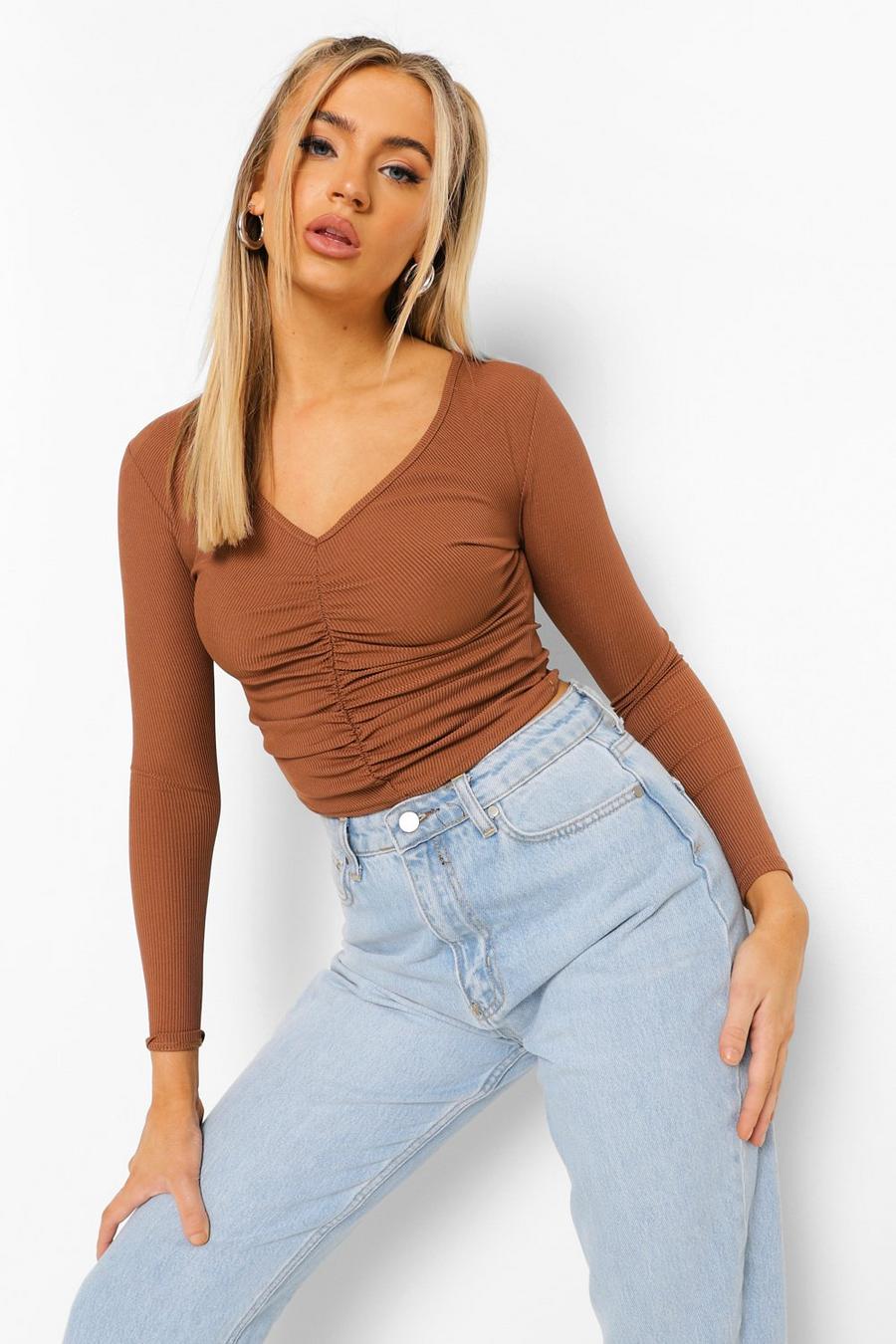 Chocolate Ruched Rib Crop Top image number 1