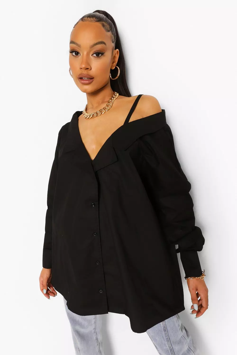 Oversized off the online shoulder button down shirt