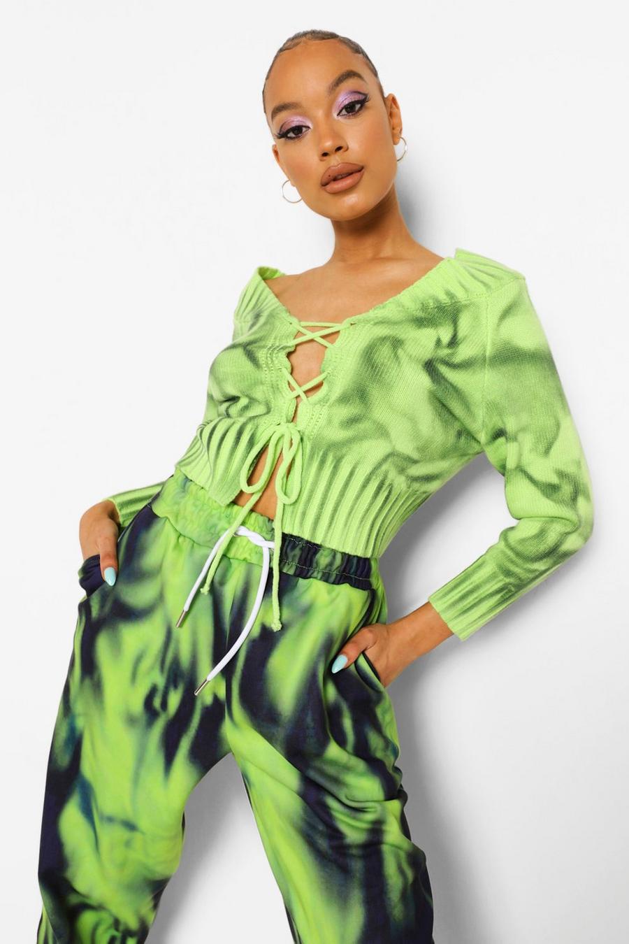 Green Tie Dye Lace Up Knitted Jumper image number 1