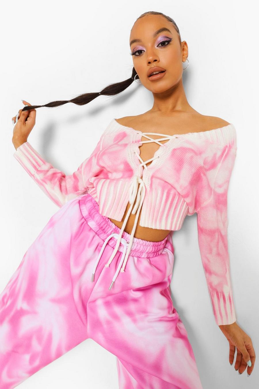Pink Tie Dye Lace Up Knitted Jumper image number 1