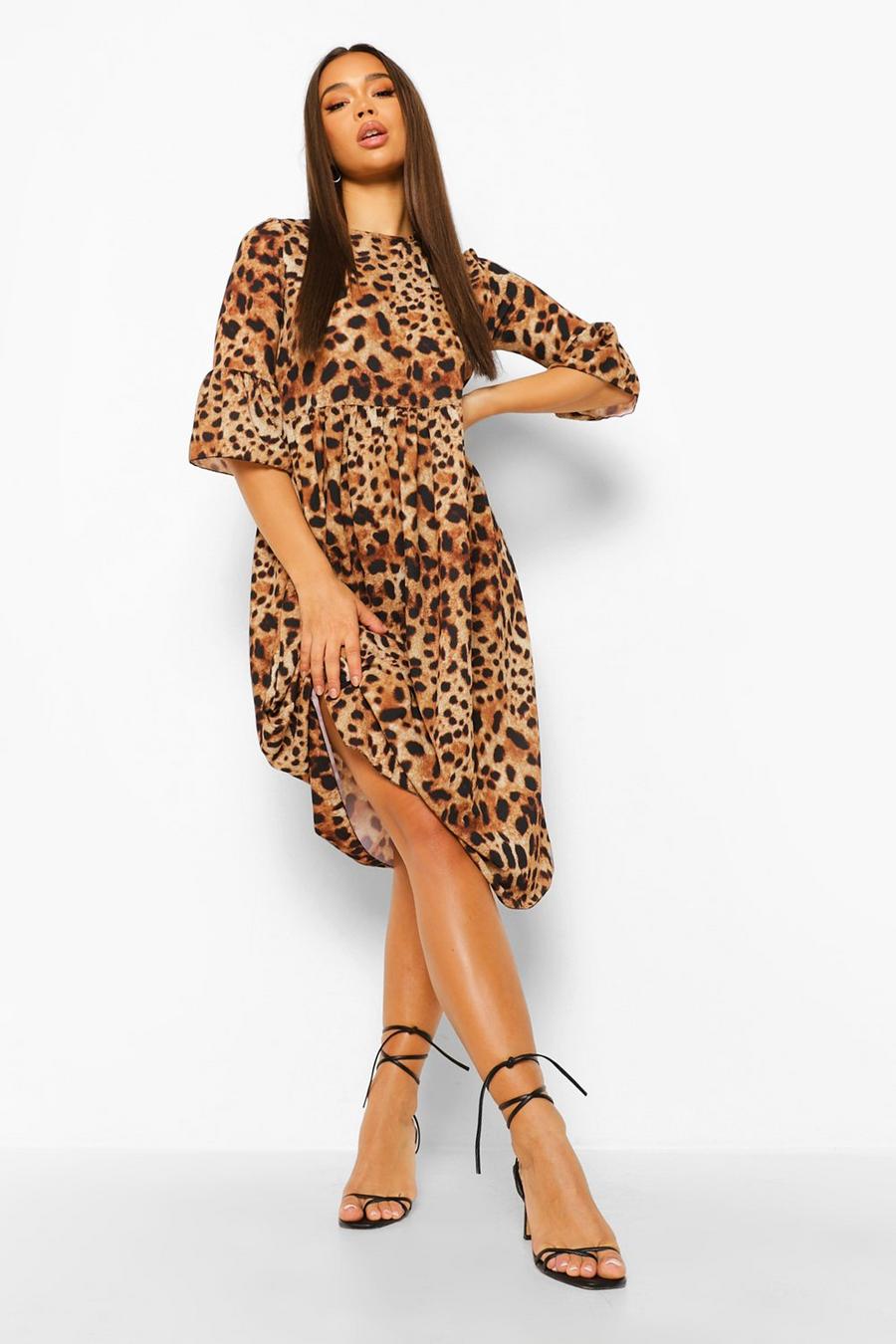 Brown Leopard Ruffle Sleeve Midi Smock Dress image number 1