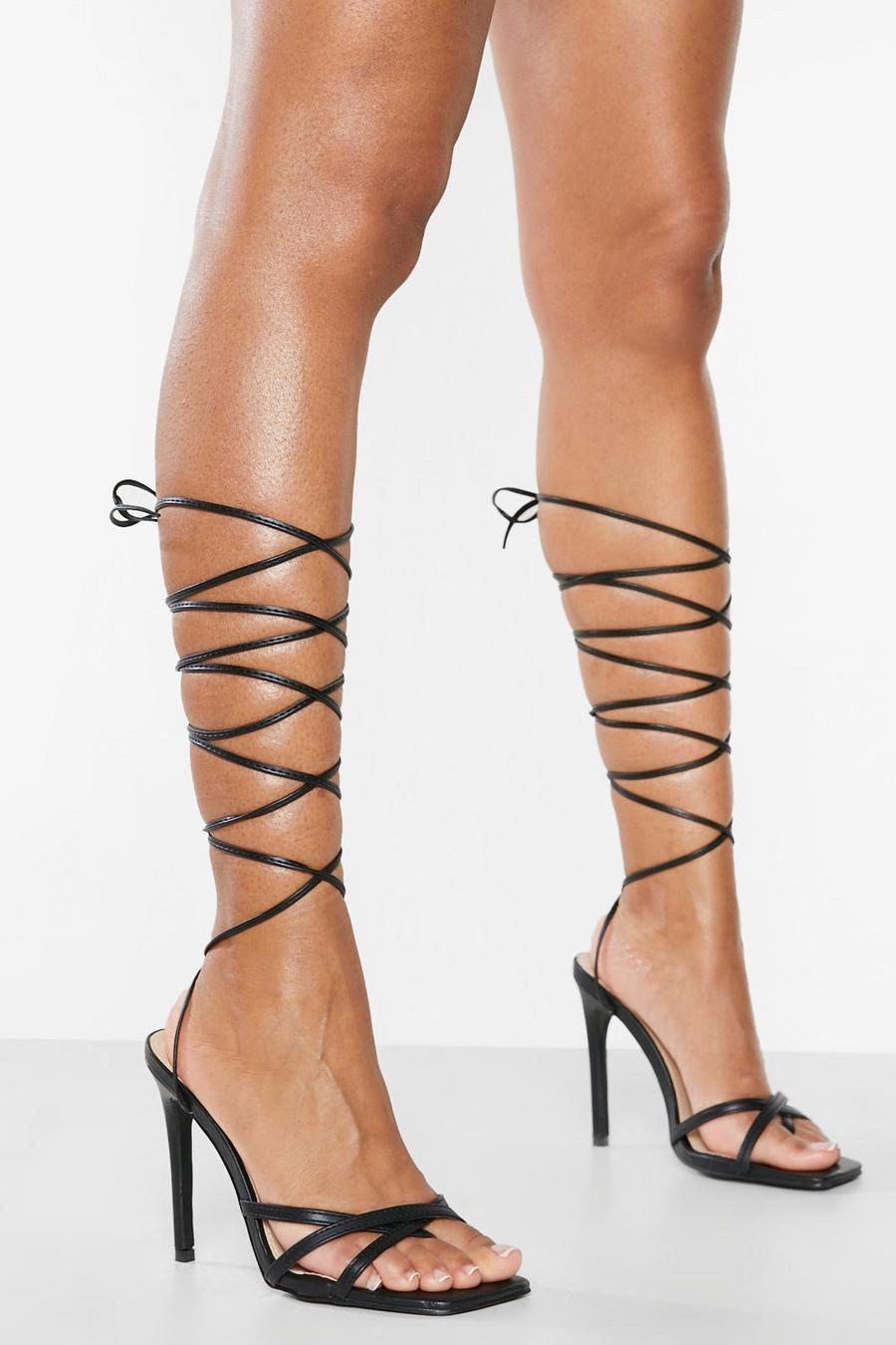 Black Wide Fit Strappy Lace Up Heels image number 1