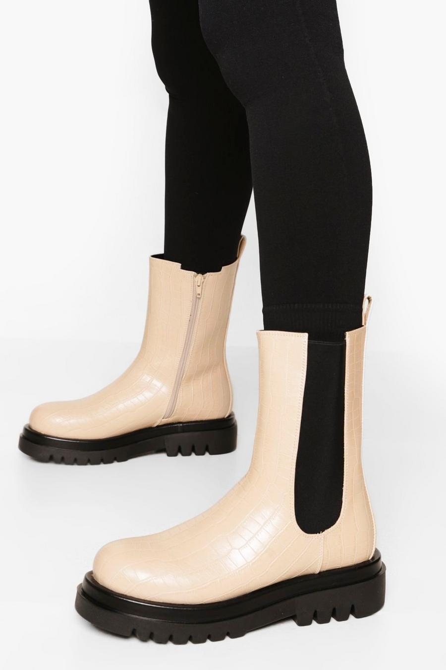 Cream vit Croc Calf High Chelsea Boots