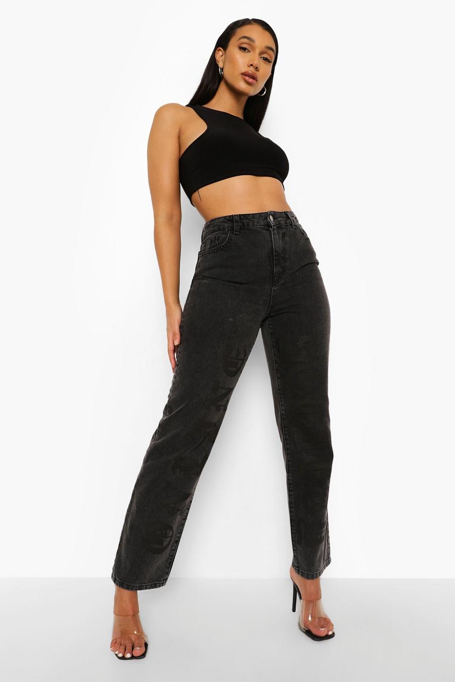 Washed black High Waist Straight Leg Jeans With Leg Print image number 1