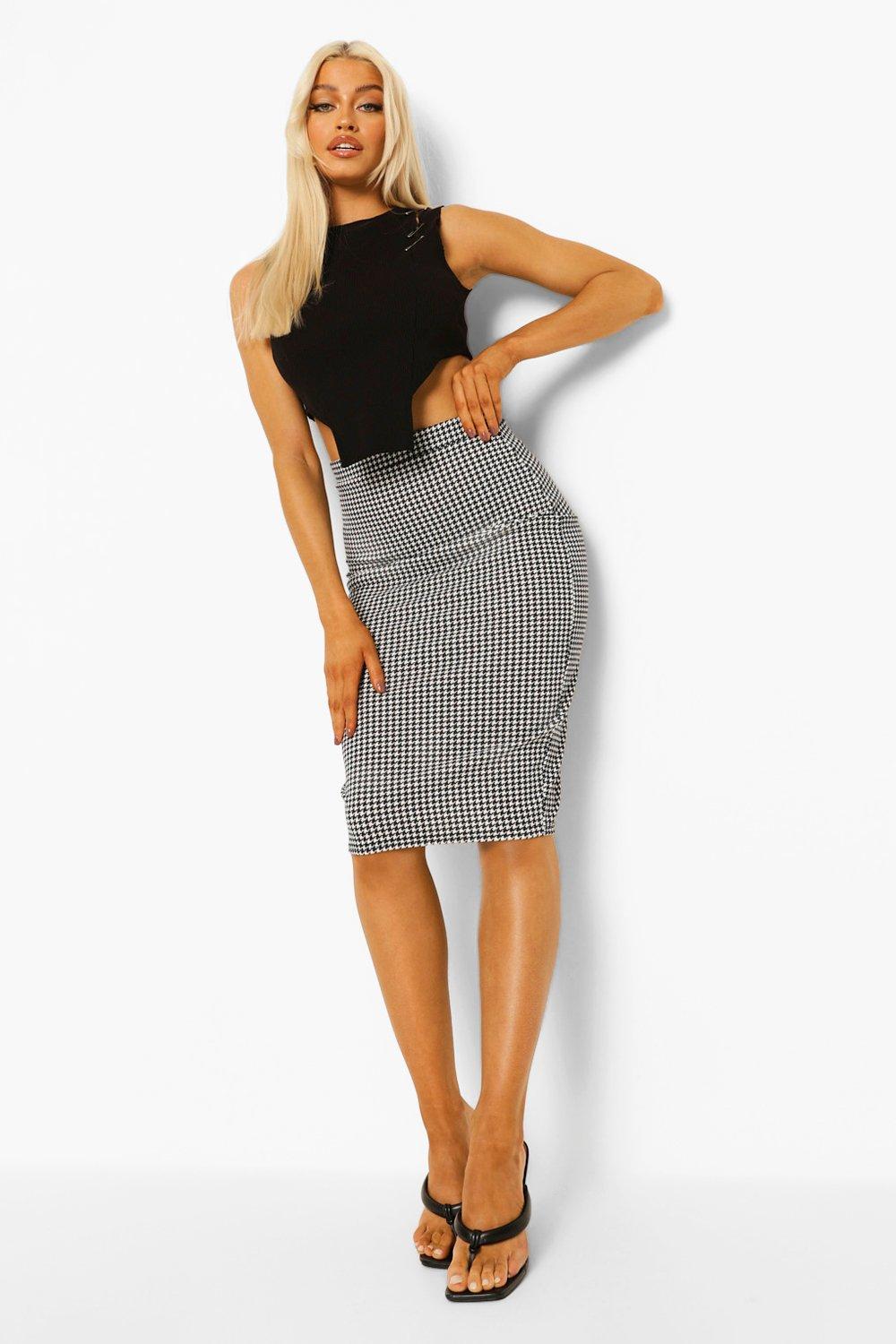 Houndstooth Check Bodycon Midi Skirt boohoo UK