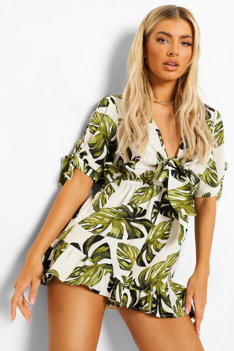 White Palm Print Open Back Tie Detail Romper image number 1