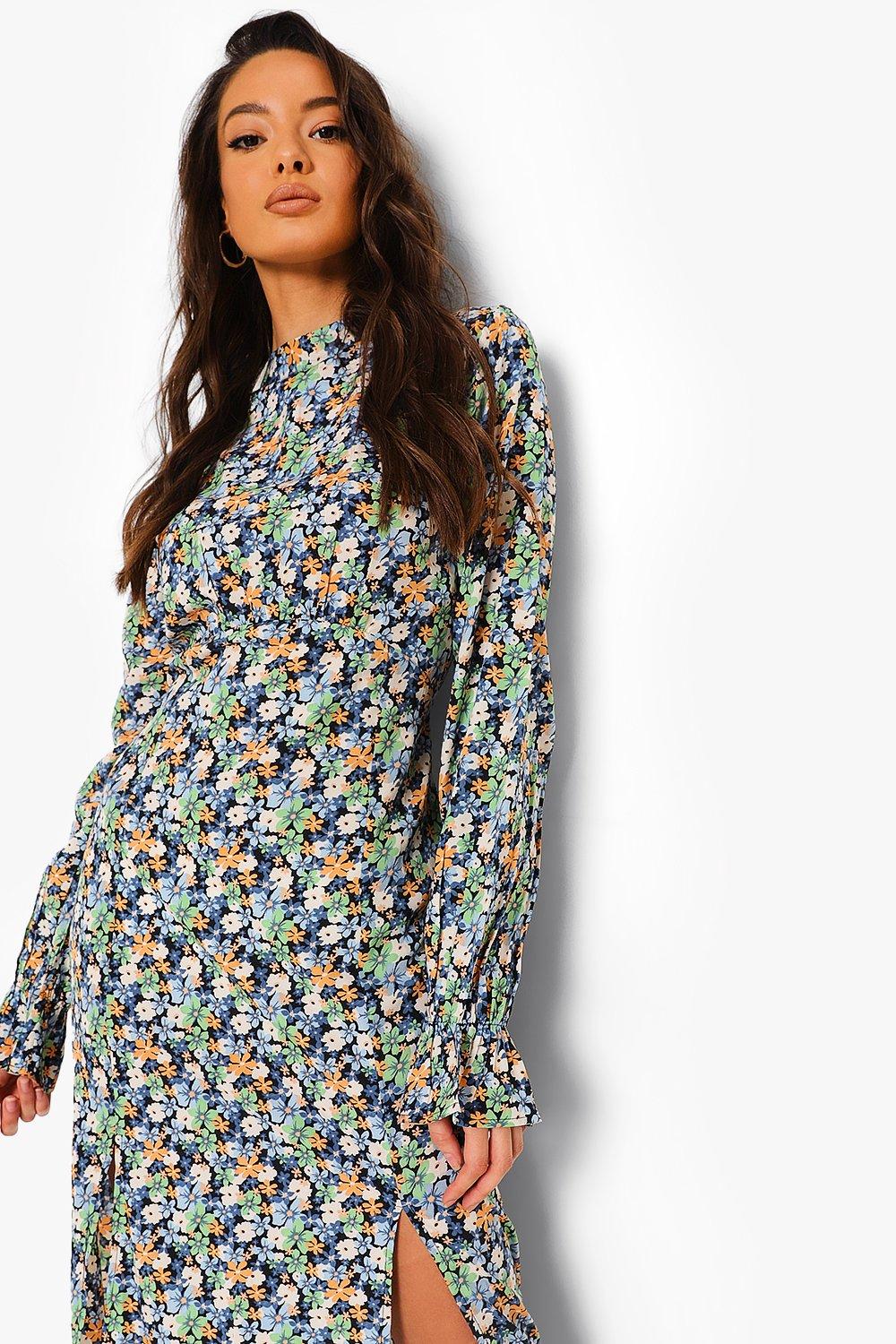 Floral Print High Neck Midi Skater Dress boohoo NZ