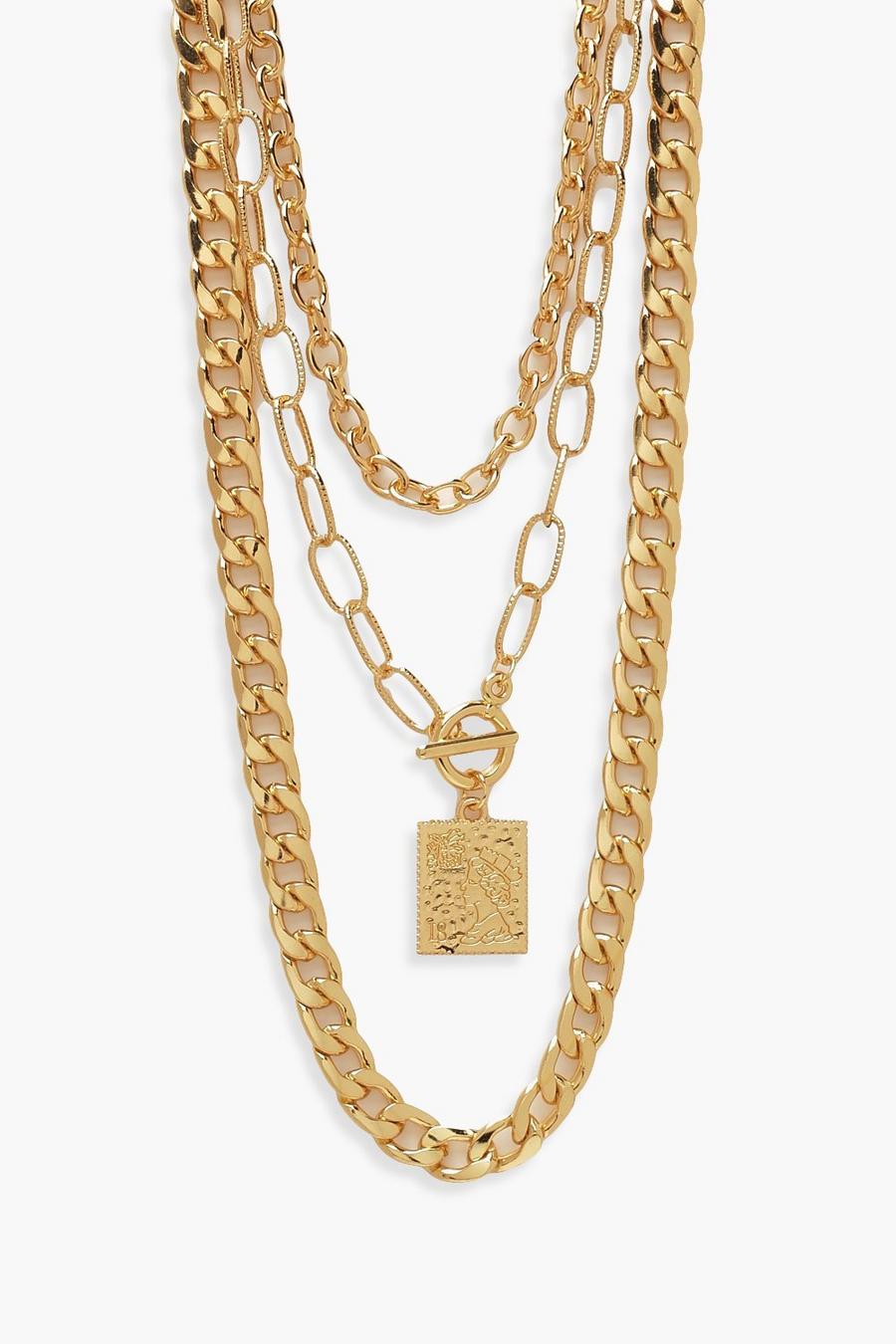 Gold Triple 3 Chunky Chains Necklace image number 1