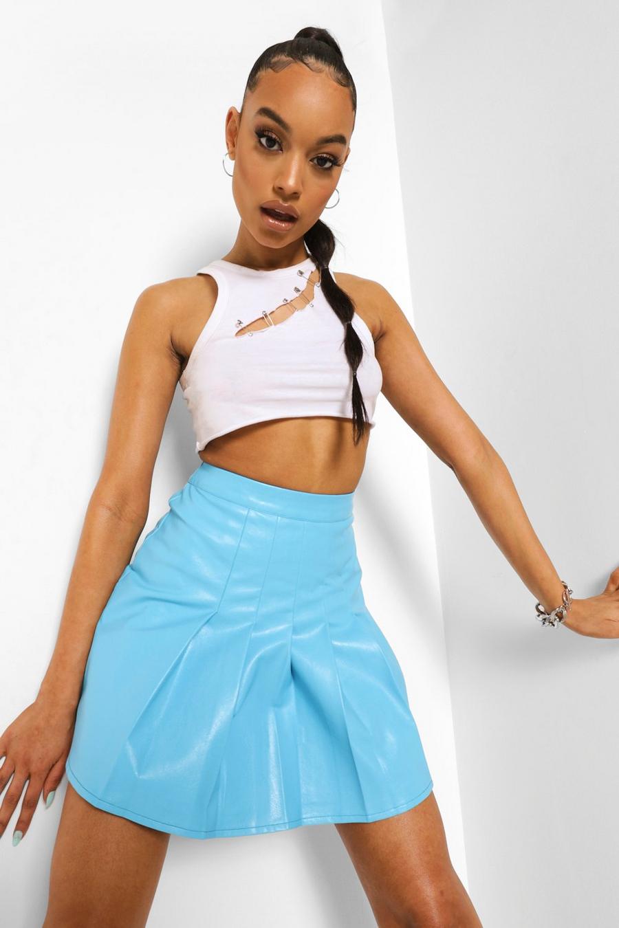 Blue Leather Look Pleat Front Tennis Skirt image number 1