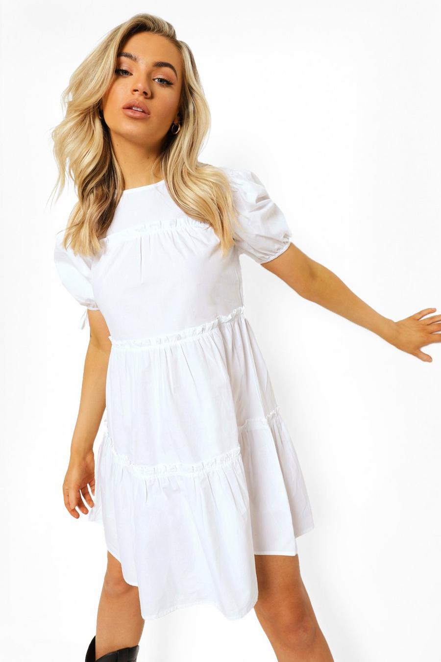 White Tiered Tie Sleeve Smock Dress image number 1