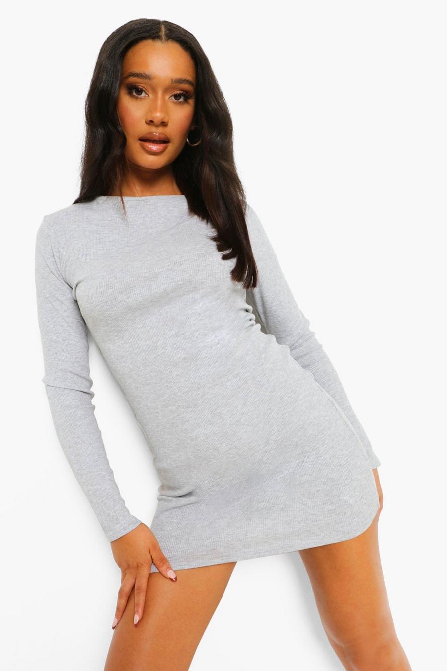 Grey Basic Rib Long Sleeve Mini Dress image number 1