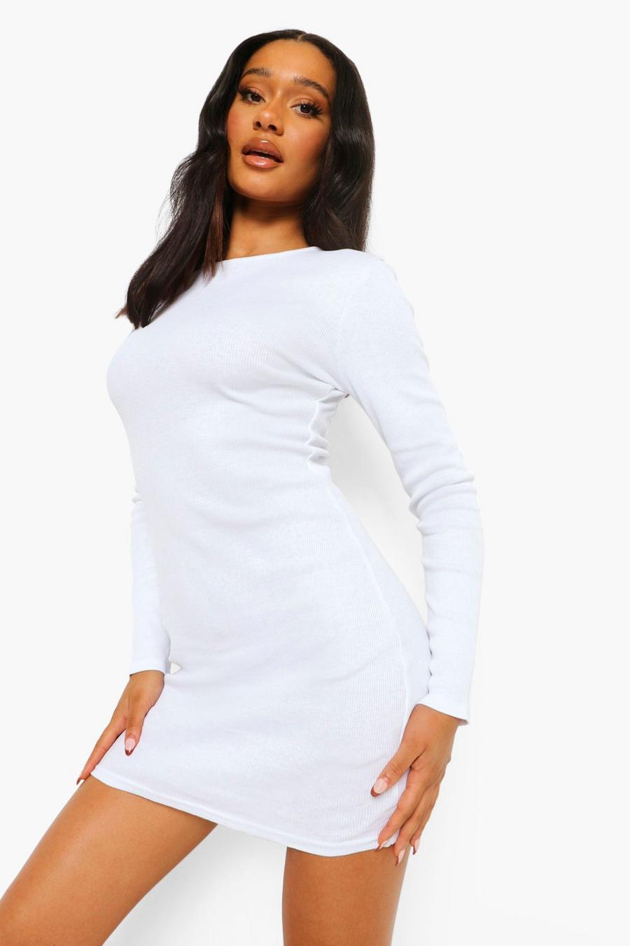 White Basic Rib Long Sleeve Mini Dress image number 1