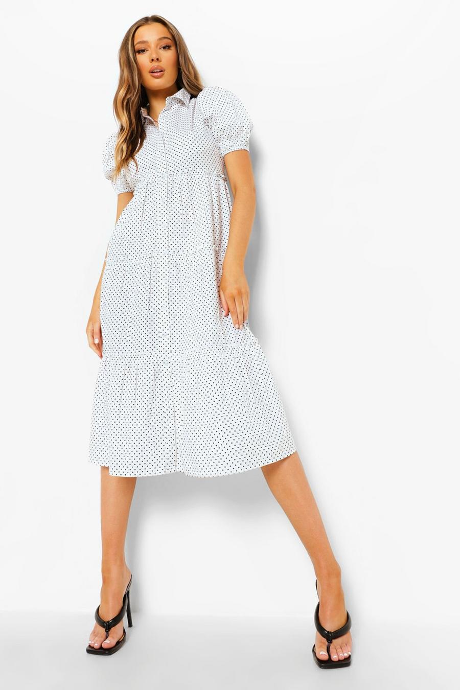 White Polka Dot Tiered Shirt Dress image number 1