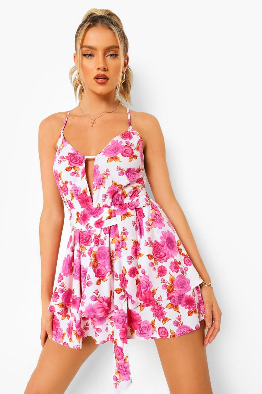 Pink Floral Tie Detail Ruffle Layered Playsuit image number 1
