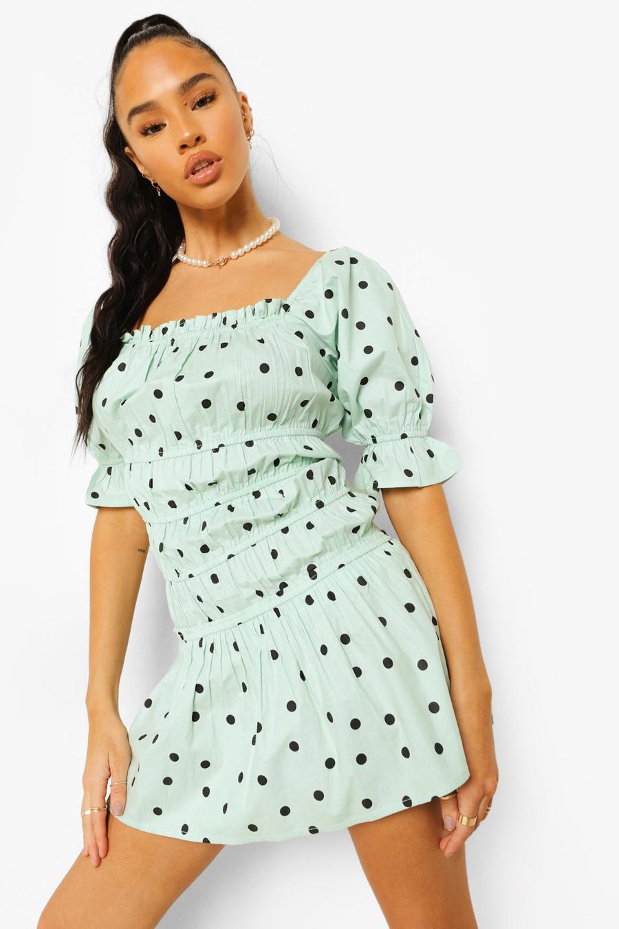 Sage Polka Dot Gathered Drop Hem Mini Dress image number 1